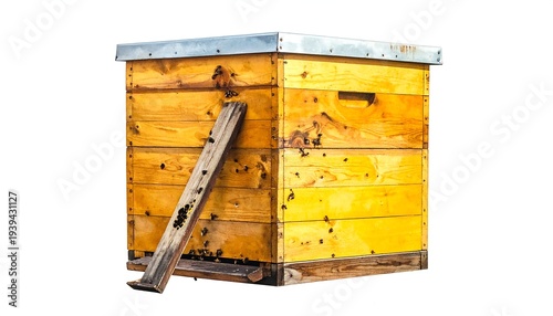 Wooden beehive with metal roof on white. Inclined plank, knotty wood, and visible screws