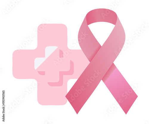Pink breast cancer awareness ribbon with medical cross, sticker on transparent background