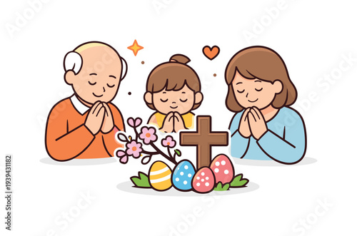 Family praying together at Easter with cross and decorated eggs