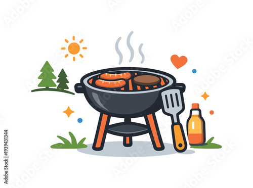 Barbecue grill with sausages and burger cooking outdoors on a sunny day
