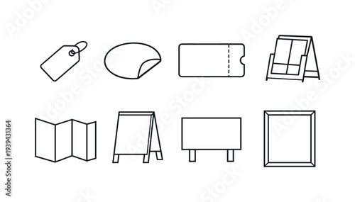 Collection of simple line art icons representing promotional and informational materials
