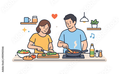 Couple happily cooking healthy food together in a bright, modern kitchen, enjoying meal preparation
