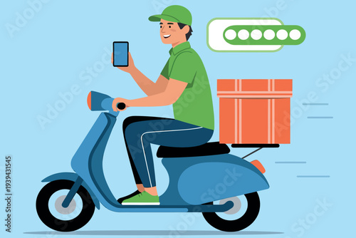 Delivery driver on a scooter with a package and loading symbol