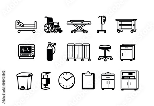 Collection of medical equipment and hospital furniture icons for healthcare design