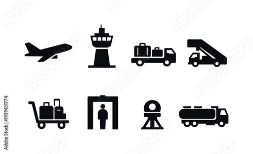 Collection of airport service icons including airplane, control tower, baggage, and security