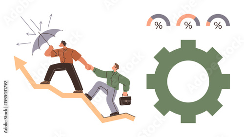 Business resilience, teamwork development, progress tracking, leadership, financial growth, strategy planning. Two individuals climbing an arrow, one holding an umbrella. Business resilience