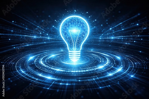 Futuristic glowing light bulb with digital brain inside representing innovation, AI technology, and creative ideas in dark blue tech background