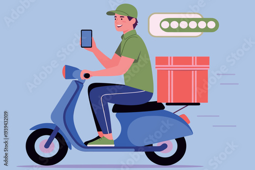 Delivery rider on a scooter with a package and mobile phone