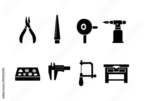 Collection of black icons representing jewelry making tools and materials on a white background