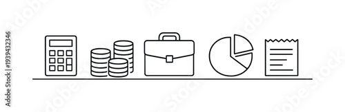 Business finance icons: calculator, coins, briefcase, pie chart, and document