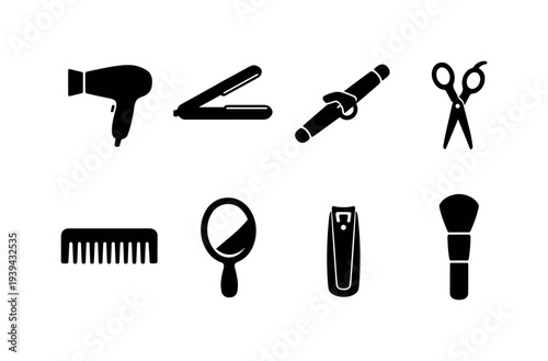 Collection of black icons representing beauty and hair care tools on a white background