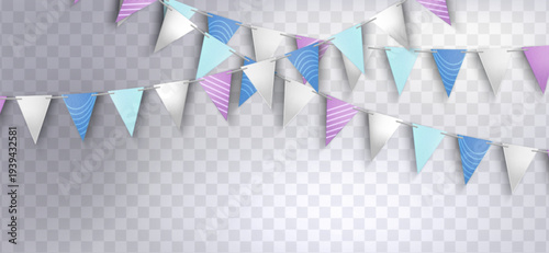 Colorful party flag bunting with triangular pennants on transparent background. Festive paper garland with pink, blue and white flags with striped pattern. Realistic 3D birthday decoration.