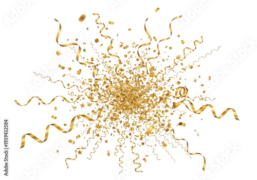Golden confetti explosion with streamers and particles isolated on transparent background