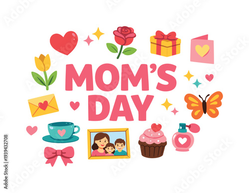 Mom's Day celebration with gifts, flowers, and family portrait