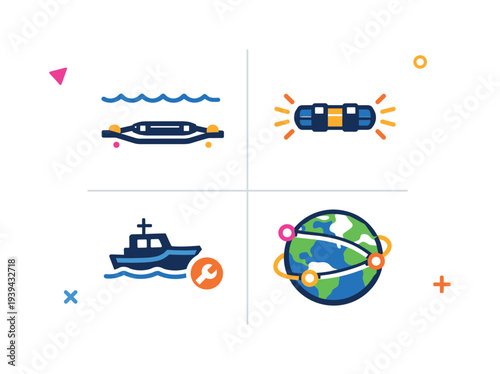 Set of four icons representing underwater cable, satellite, ship repair, and global network connections