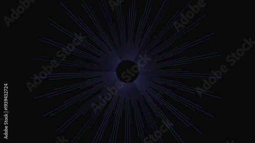 Abstract dark purple radial lines vector background with central black circle, modern digital art for technology, science, and futuristic designs
