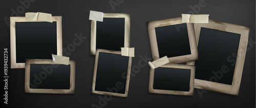 Vintage photo frame set on dark background. Realistic empty picture frames in various sizes attached with adhesive tape strips. Retro torn, stained collage template for scrapbook, memory album