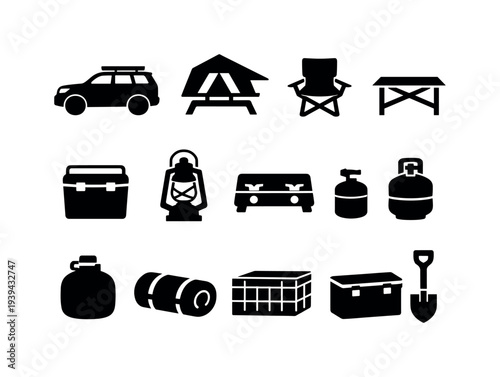 Camping essentials icons for outdoor adventures in black silhouette style