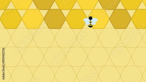 Minimalist vector illustration of a small black and yellow honey bee flying over a golden honeycomb pattern background, perfect for nature, food, or spring-themed designs