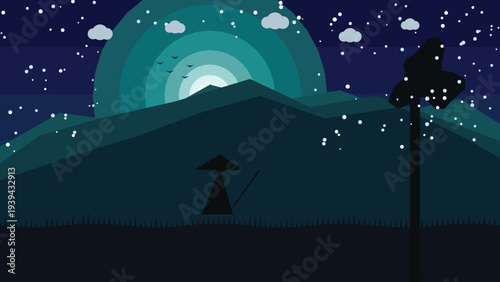 Minimalist vector landscape illustration of a dark night sky with stars, mountains, a full moon, and a lone tree, suitable for website backgrounds, banners, and digital art projects.