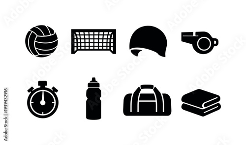 Collection of sports equipment icons including a ball, net, cap, whistle, stopwatch, bottle, bag, and towel