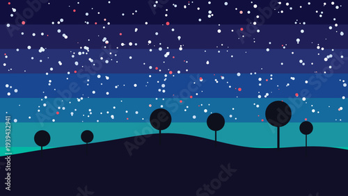 Minimalist vector illustration of a dark blue night sky with numerous white stars over a silhouetted landscape with hills and trees, ideal for web backgrounds and digital designs