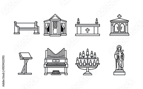 Church interior elements line art icons collection for religious services