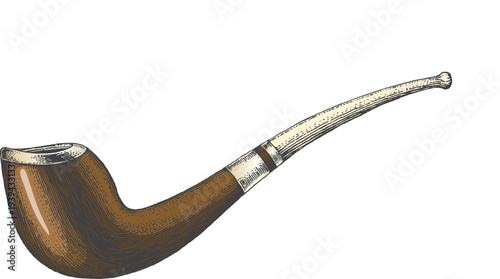 A single vintage tobacco smoking pipe with a brown wooden bowl and retro design isolated on a white background as a classic object