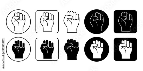 Raised Fist Power Gesture Icon Set Outline And Solid Style Strength Protest Unity Symbol