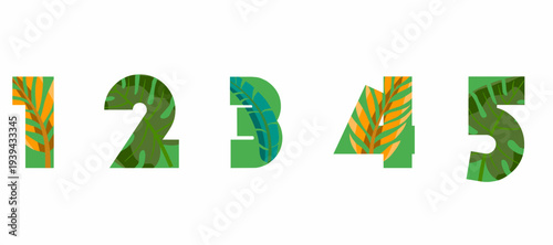 Creative jungle-themed numbers with tropical leaf textures forming digits one to five