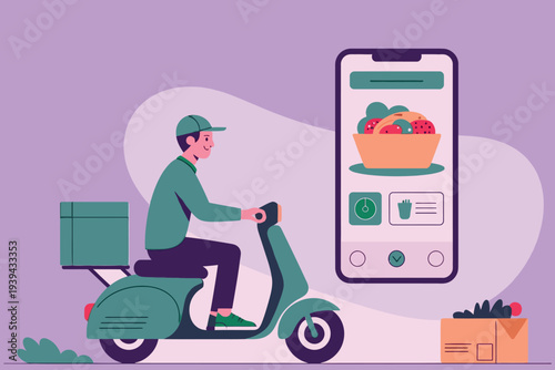 Delivery rider on a scooter with a phone showing fresh produce