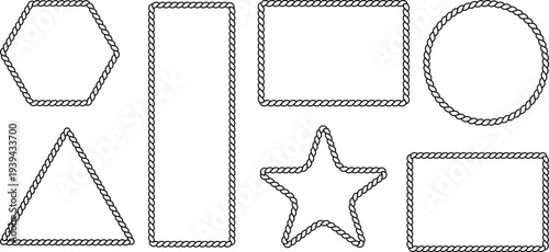 Rope frame border set isolated on white bg. Hexazon, square, oval and heart shape in sailor theme, brown nautical rope collection, flat vector illustration. Travel and marine loop and cord frames.