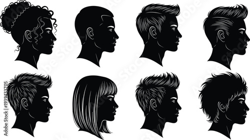 Vector illustration of stylized hairstyle silhouettes symbolizing fashion, identity, diversity, culture, tradition, inclusivity, and education