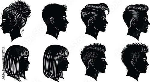 Vector illustration of stylized hairstyle silhouettes symbolizing fashion, identity, diversity, culture, tradition, inclusivity, and education