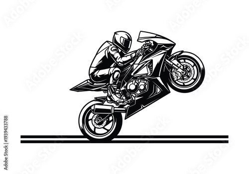 Motorcycle rider doing a wheelie vector graphic, sport bike performing stunt
