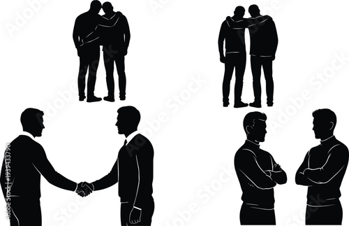 Vector illustration of stylized human silhouettes in interaction pairs symbolizing communication, emotion, culture, tradition, and education