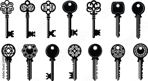 Vector illustration of stylized key silhouettes symbolizing security, tradition, culture, heritage, identity, inclusivity, and education