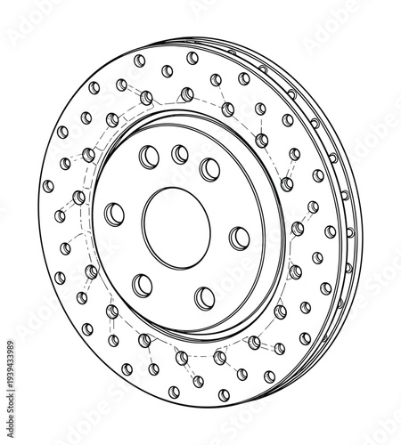 Perforated brake disc vector illustration, car automotive spare part, transparent background