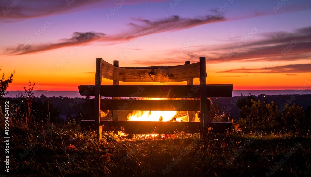 Fototapeta premium Wooden bench sits before a blazing fire, bathed in the warm glow of a vibrant, colorful sunset