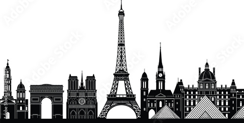Vector illustration of stylized Paris landmarks silhouettes symbolizing culture, heritage, tradition, identity, diversity, inclusivity, and education