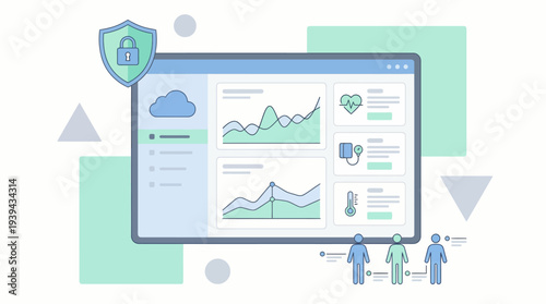 Secure Cloud Data Management and Health Analytics Dashboard Vector Illustration for Modern Systems
