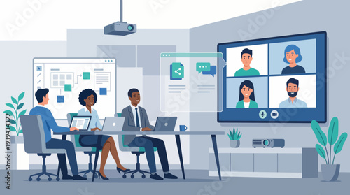 Diverse team of professionals collaborating in a modern hybrid video conference meeting