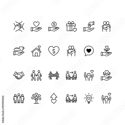 Charity, donation, and community support line icon set. Vector symbols of volunteering, empathy, and care.