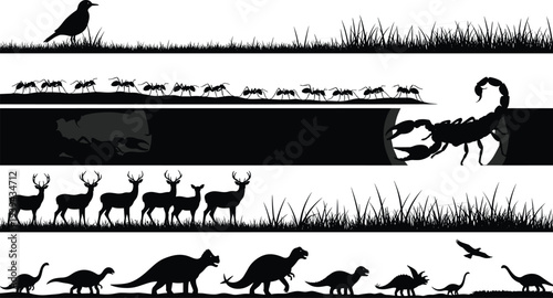 Bird silhouette illustration, ant insect vector artwork, scorpion underground design, deer wildlife drawing, dinosaur silhouette sketch, prehistoric animal artwork