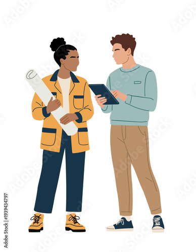 Full-body vector illustration of two engineers discussing a project. Black female engineer holding a blueprint while Asian male colleague checks a tablet. Teamwork concept on transparent background