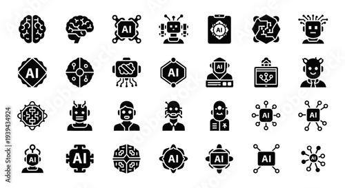 Vector Collection of Artificial Intelligence Icons Representing Robotics, Brains, and Machine Learning Concepts