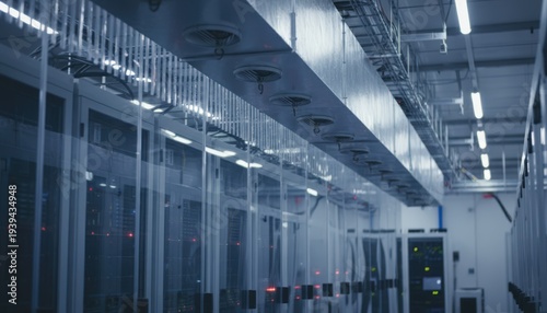 Focused view on hot aisle containment in a modern data center displaying enclosed server racks with temperaturecontrolled overhead ducting and ambient blurred surroundings.