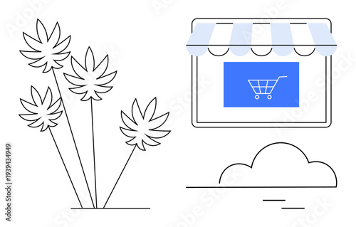 E-commerce, online stores, digital marketplaces, retail services, shopping apps, sustainability. Storefront with a cart icon, plants and cloud. E-commerce and online stores concept