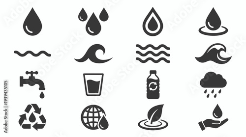 minimalist water icons set with drops waves faucet glass and recycling symbols on white background, concept for plumbing service branding environmental conservation and ecology website