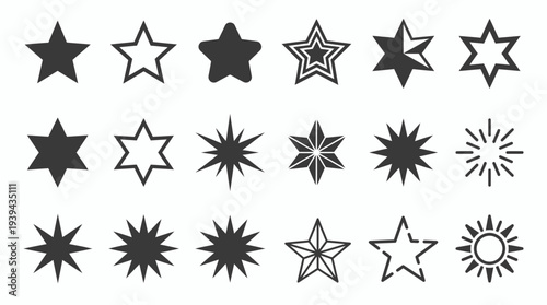Collection of various black star icons set with different geometric shapes and styles isolated on white background, concept for rating review system, achievement award and creative graphic design